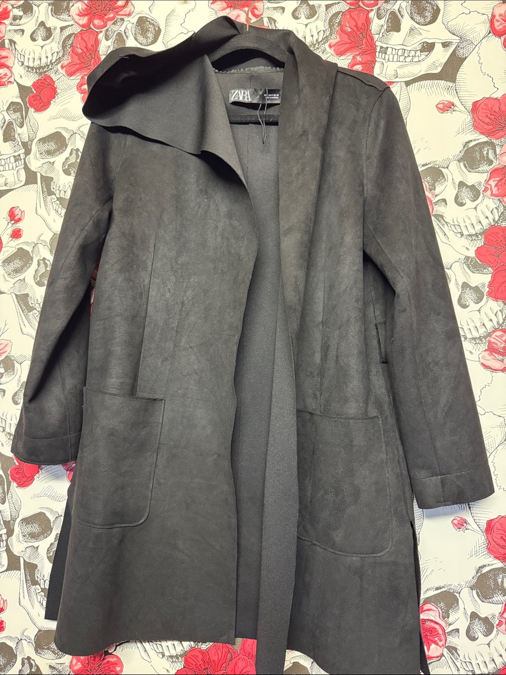 Zara Black Hooded Suede-Effect Trench Coat